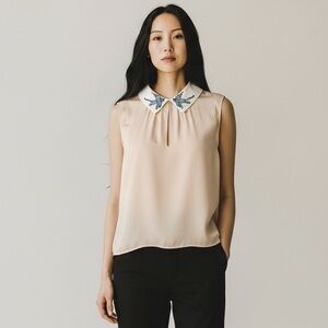 Rebecca Taylor Embroidered Swallows Collar Silk Sleeveless Blouse Ballet Pink 4